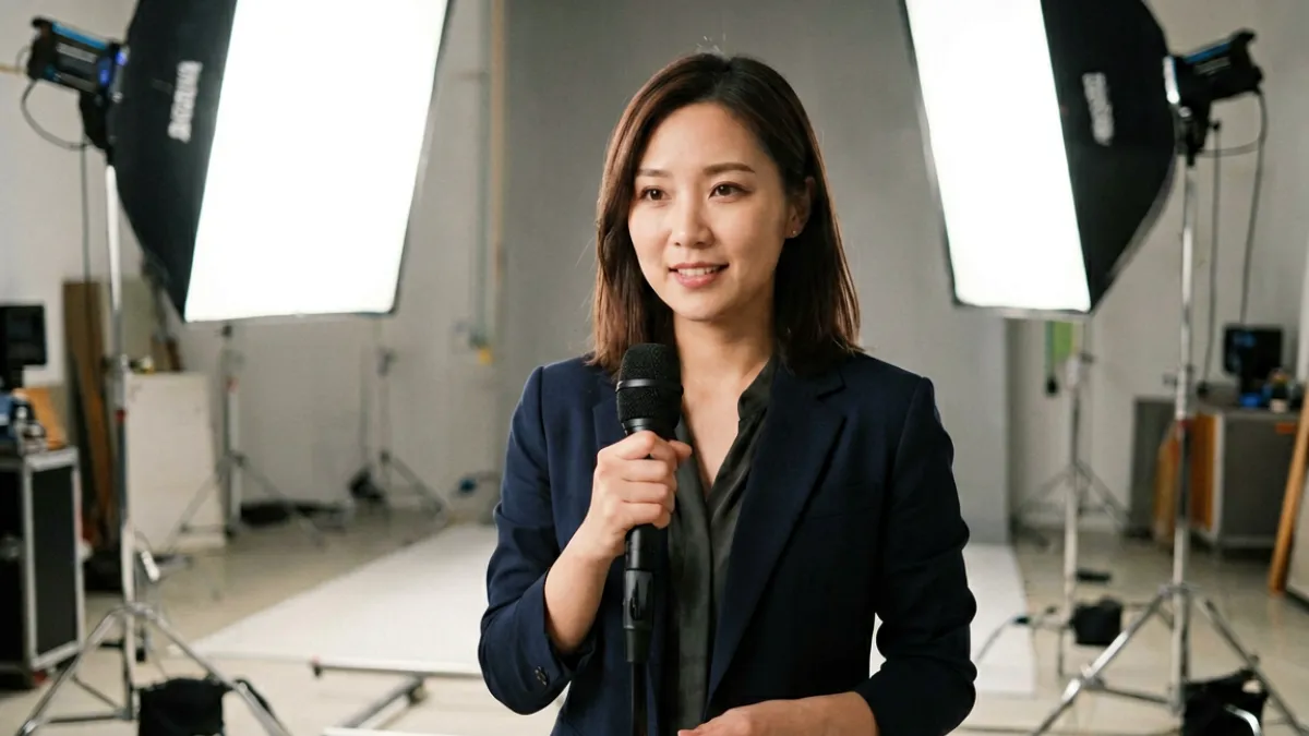 爱沢花梨在新作拍摄现场接受幕后采访，背景为专业摄影棚灯光阵列