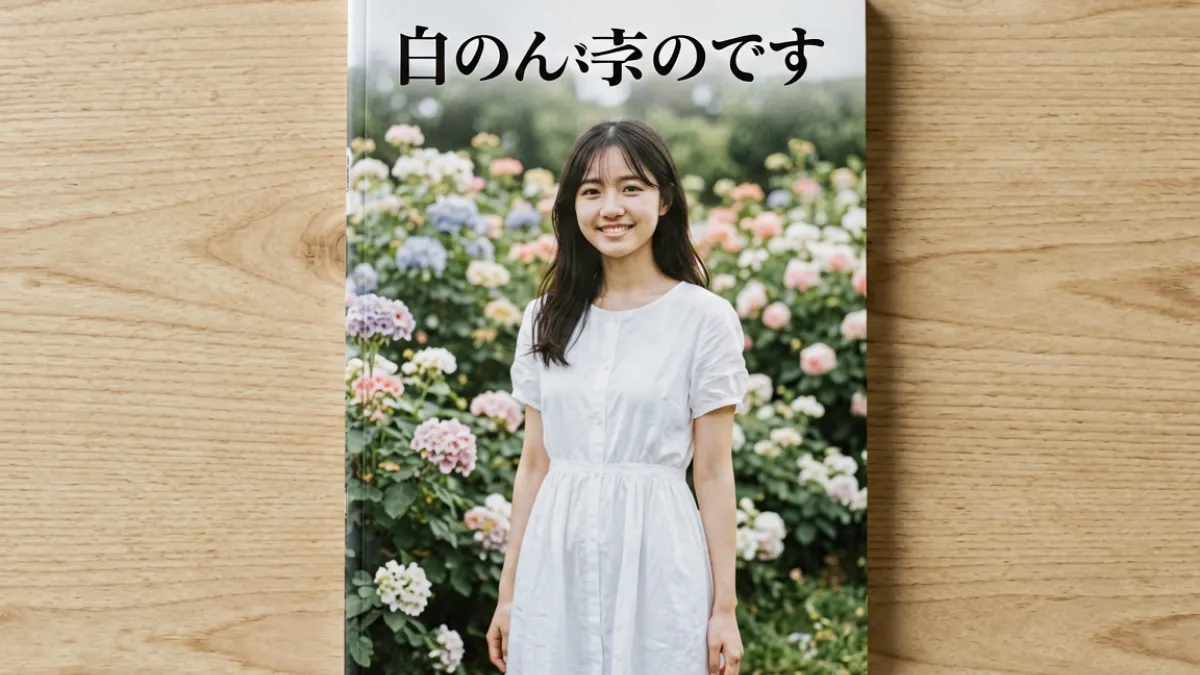 爱沢花梨最新写真册封面展示，画面中她身着白色连衣裙站在花丛前微笑