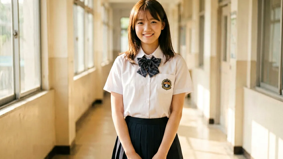 爱沢花梨身着制服的校园题材作品宣传画面，背景为明亮的教室走廊场景